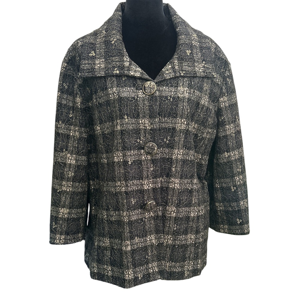 Chico's Metallic Lace Plaid Blazer Jacket Grey Silver Size 3 Large XL 79984